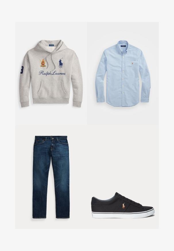 Hellgrauer Kapuzenpullover mit Fronttasche, "Ralph Lauren" Schriftzug, blauem Polo-Spieler-Logo, einem roten und goldenen Wappen sowie der Nummer 3 am linken Ärmel.; Himmlisch blaues Langarm-Hemd aus Baumwolle mit klassischem Kragen und kleinem roten gestickten Logo auf der Brust.; Dunkelblaue Jeans aus Denim mit leichter Verblassung an Oberschenkeln und Taschen, Knopf- und Reißverschluss sowie Fünf-Taschen-Design, flach auf weißem Hintergrund ausgelegt.; Schwarzer Sneaker mit niedrigem Schaft, weißer Sohle und gesticktem Polospieler-Logo an der Seite, mit Schnürverschluss und strukturiertem Stoff-Obermaterial.