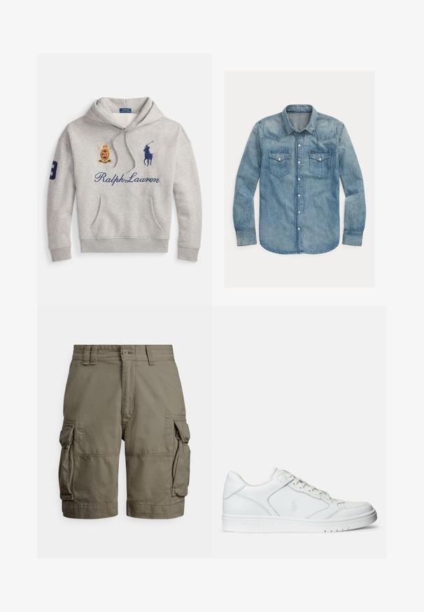 Svetlosivá mikina s kapucňou s predným vreckom, textom "Ralph Lauren", modrým logom hráča polo, červeno-zlatým erbom a číslom 3 na ľavom rukáve.; Denimová košela v svetlomodrej farbe, s špicatým golierom, dlhými rukávmi, dvoma náprsnými vreckami a cvokovými gombíkmi. Klasický dizajn v západnom štýle.; Nohavice typu cargo v olivovo zelenej farbe vyrobené z bavlny, s dvoma bočnými vreckami, jedným cargo vreckom a zapínaním na gombík v páse.; Biele kožené tenisky s hladkým povrchom, obsahujúce perforovanú špičku, šnúrkové uzatvorenie a vyšívané logo na boku. Biela gumová podrážka.