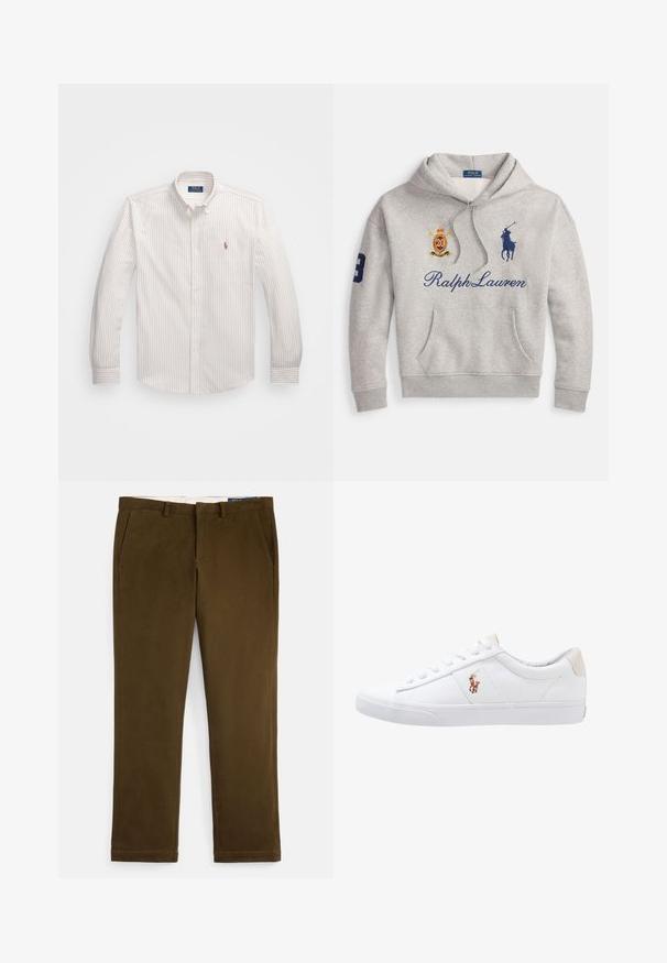 Hellgrauer Kapuzenpullover mit Fronttasche, "Ralph Lauren" Schriftzug, blauem Polo-Spieler-Logo, einem roten und goldenen Wappen sowie der Nummer 3 am linken Ärmel.; Weißes Hemd mit knopflosem Kragen und feinen vertikalen Streifen in hellem Beige. Es hat einen klassischen Kragen, lange Ärmel und ein kleines gesticktes Logo auf der Brust.; Braune Baumwoll-Chinos mit glattem Finish, flacher Vorderseite, Seitentaschen und geraden Beinen. Mit einem dezenten Stichausführungsdetail entlang der Säume.; Weiße Leinensneaker im Low-Top-Design mit einem beigen Ferseneinsatz und einem kleinen gestickten Logo an der Seite. Gummisohle.