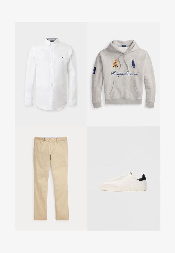 Lichtgrijze hoodie met voorzak, tekst 'Ralph Lauren', blauw polo-spelerlogo, een rood-goud embleem en nummer 3 op de linkermouw.; Witte blouse met lange mouwen, knopen en een button-down kraag met een klein geborduurd logo op de linkerborst.; Beige broek met rechte pijpen, ceintuurlussen en een voorrits, plat gelegd tegen een witte achtergrond.; Witte leren sneakers met suède accenten, voorzien van een zwarte hielrand, vetersluiting, geperforeerde details en subtiele merkopdruk aan de zijkant.
