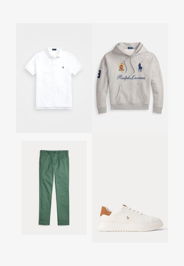 Lysegrå hættetrøje med frontlomme, "Ralph Lauren" tekst, blåt polo-spillerlogo, et rødt og gyldent våbenskjold og nummer 3 på venstre ærme.; Hvid polo t-shirt med korte ærmer, krave, to knapper og lille mørkeblå broderet logo på venstre bryst.; Grønne herrebukser med lige ben, forlommer, bæltestropper og knaplukning, vist fladt på en hvid baggrund.; Hvid lavtop sneaker med tan hælfane, hvide snørebånd og lille broderet polo-spiller logo på siden over en tyk sål.