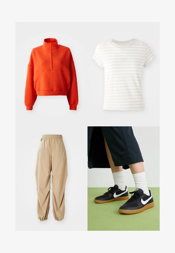 Felgekleurde oranje cropped sweatshirt met een hoge kraag en halve rits, voorzien van brede mouwen en een textuurstof voor comfort.; Witte gestreepte t-shirt met korte mouwen, gemaakt van zachte katoen. Heeft een ronde hals en een klein geborduurd Nike-logo op de borst.; Beige lichte broek met een elastische tailleband, taps toelopende boorden en een soepele textuur, met een relaxte pasvorm en zonder zichtbare patronen of versieringen.; Zwarte leren en synthetische sneakers met witte Nike swoosh, rubberen gumzool, ronde neus en zwarte veters. Geribbelde witte sokken zichtbaar.