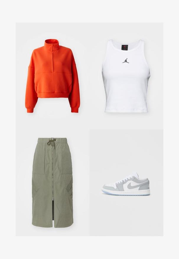 Lys orange cropped sweatshirt med høj hals og halv lynlås, featuring brede ærmer og et struktureret stof for komfort.; Hvid cropped tanktop lavet af bomuld med ribbet tekstur. Har et sort Jordan-logo i midten og en klassisk rund halsudskæring.; Oliven grøn midi-skjørt lavet af letvægtsstof, med en front lynlås, elastisk talje og store sidelommer med vinkelformede klapper.; Nike-sneakers med en blanding af gråt og hvidt læder, perforeret tå, snørebånd og en lys blå ydersål med logodetaljer.