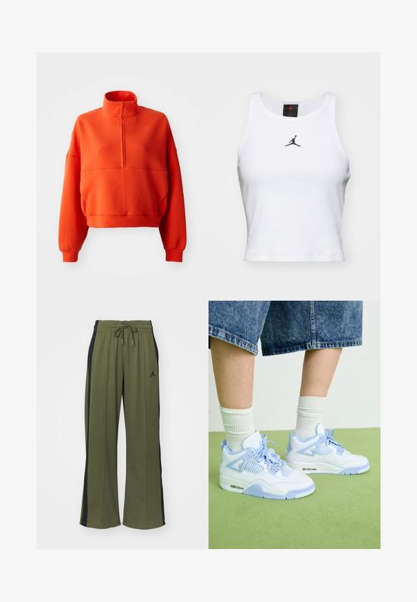 Lys orange cropped sweatshirt med høj hals og halv lynlås, featuring brede ærmer og et struktureret stof for komfort.; Hvid cropped tanktop lavet af bomuld med ribbet tekstur. Har et sort Jordan-logo i midten og en klassisk rund halsudskæring.; Grønne træningsbukser med sorte sidelænder, elastisk talje og snor. Har et lille sort logo på venstre ben. Blød stofstruktur.; Hvide og lyseblå sneakers med mesh-detaljer, rund tå, snørebånd og en luftdæmpningsenhed, parret med hvide ribbede sokker og denimshorts.