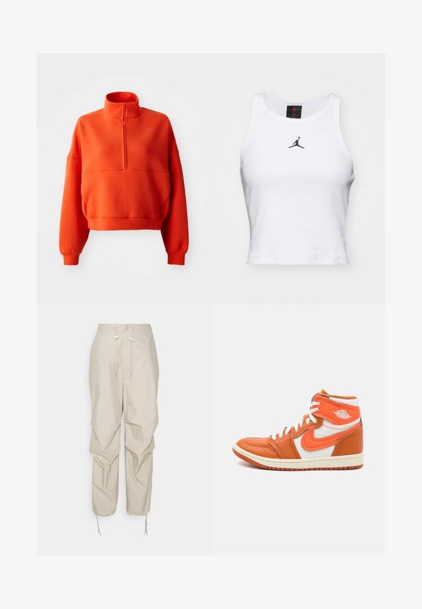 Sudadera corta de color naranja brillante con cuello alto simulado y media cremallera, con mangas amplias y una tela texturizada para mayor comodidad.; Top corto blanco de algodón con textura acanalada. Cuenta con un logo negro de Jordan en el centro y un clásico escote redondo.; Pantalones de utility beige con cintura ajustable, cierre de botón y puños de pierna estrechos. Fabricados en un material ligero con una textura suave.; Zapatillas altas que cuentan con cuero naranja y paneles de textil blanco, con una suela de goma y un destacado detalle de logo en el lateral.