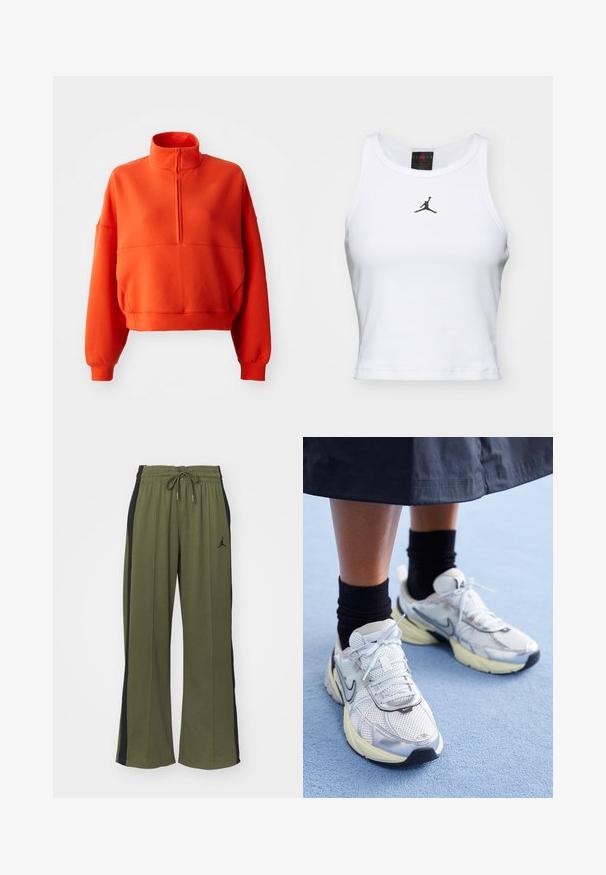 Felgekleurde oranje cropped sweatshirt met een hoge kraag en halve rits, voorzien van brede mouwen en een textuurstof voor comfort.; Witte crop tanktop van katoen met een ribbeltextuur. Beschikt over een zwart Jordan-logo in het midden en een klassieke ronde hals.; Groene joggingbroek met zwarte zijpanelen, elastische tailleband en trekkoord. Heeft een klein zwart logo op het linkerpoot. Zachte stoftextuur.; Witte en zilveren Nike sneakers van meshstof, met reflecterende accenten en een beige zool. Gedragen met zwarte sokken, staand op een blauwe ondergrond.