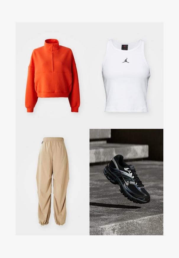 Lys orange cropped sweatshirt med høj hals og halv lynlås, featuring brede ærmer og et struktureret stof for komfort.; Hvid cropped tanktop lavet af bomuld med ribbet tekstur. Har et sort Jordan-logo i midten og en klassisk rund halsudskæring.; Beige letvægtsbukser med elastisk talje, tapered manchetter og en glat tekstur, der har en afslappet pasform og ingen synlige mønstre eller udsmykninger.; Sort og sølv Nike løbesko svævende over betontrappe, viser detaljeret design og tekstureret sål i udendørs omgivelser.