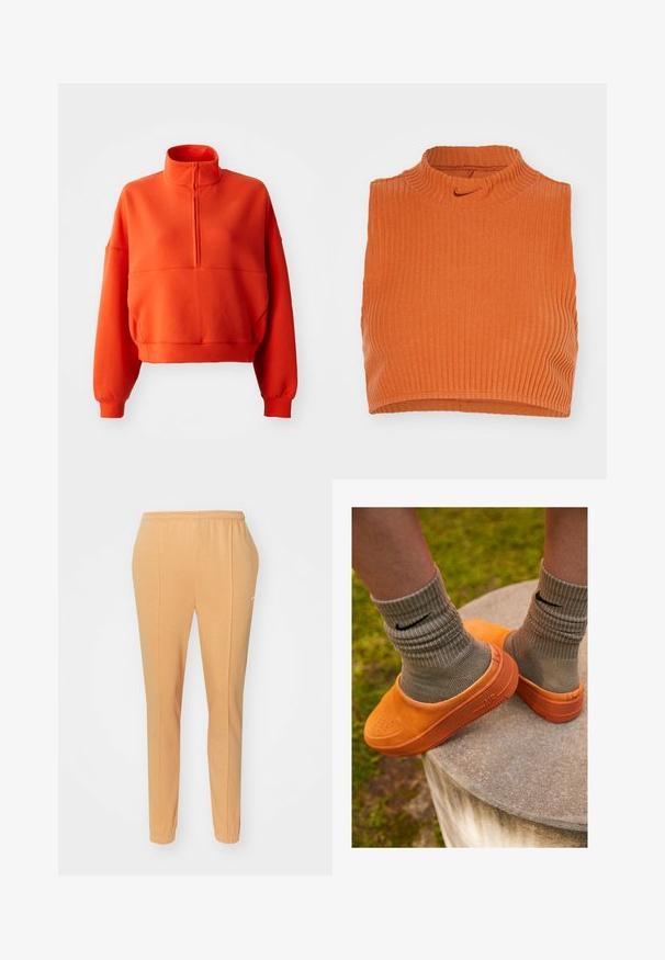 Erkki heledat oranž cropped sweatshirt, millel on mock neck ja pool tõmblukk, laiad varrukad ja tekstureeritud kangas mugavuse tagamiseks.; Oranž ribadega ilma varrukateta lühike topp kõrge kaelusega ning peene Nike logo ülemisel esiküljel, omades voolavat disaini ja tekstureeritud kangast.; Kergelt kotkast valmistatud oranžid jooksupüksid, millel on elastne vöökoht, kitsenevad jalad ja peene valge logo vasakul reitel.; Koorangidest libisevad kingad tekstureeritud materjalist perforatsioonidega, kombineeritud ribakujuliste beežide sokkidega, millel on must logo.