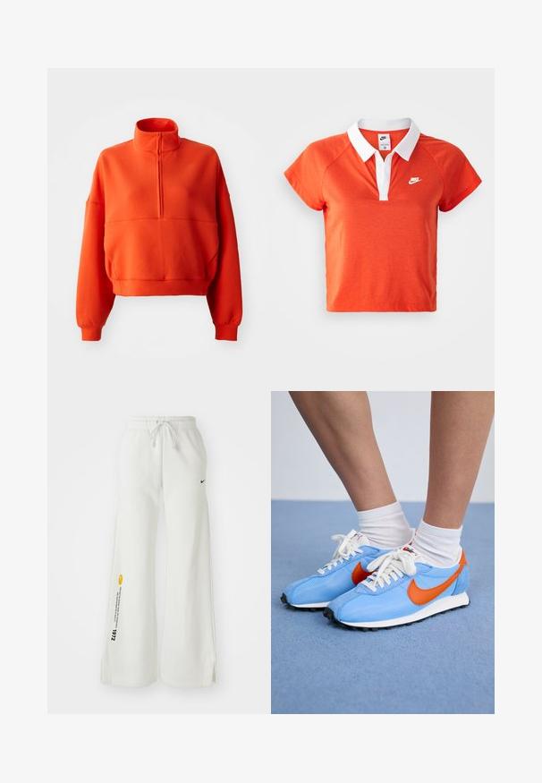 Lys orange cropped sweatshirt med høj hals og halv lynlås, featuring brede ærmer og et struktureret stof for komfort.; Orange polo skjorte med hvid krave, korte ærmer og Nike-logo i hvidt på venstre bryst. Lavet af et blødt bomuldsblandingsmateriale.; Hvide, brede sweatsbukser med elastisk talje, snøre, sidespalter, sort Nike-logo og kontrasterende gul grafisk tekst.; Blå mesh- og ruskinds sneakers med orange accenter og hvide snørebånd. Sort gummisål. Båret med hvide crew-sokker på en blå overflade.