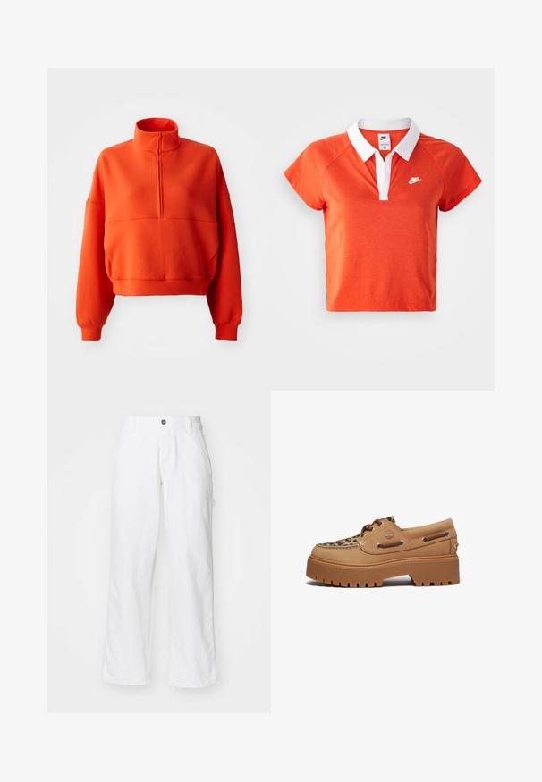 Lys orange cropped sweatshirt med høj hals og halv lynlås, featuring brede ærmer og et struktureret stof for komfort.; Orange polo skjorte med hvid krave, korte ærmer og Nike-logo i hvidt på venstre bryst. Lavet af et blødt bomuldsblandingsmateriale.; Hvide bomuldsbukser med lige ben-design, der har en knaplukning, sidelommer og en afslappet pasform. Glat tekstur.; Timberland STONE STREET - Sejlersko - medium beige