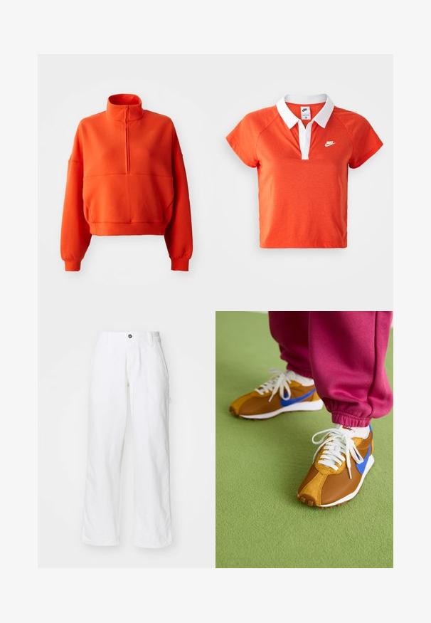 Lys orange cropped sweatshirt med høj hals og halv lynlås, featuring brede ærmer og et struktureret stof for komfort.; Orange polo skjorte med hvid krave, korte ærmer og Nike-logo i hvidt på venstre bryst. Lavet af et blødt bomuldsblandingsmateriale.; Hvide bomuldsbukser med lige ben-design, der har en knaplukning, sidelommer og en afslappet pasform. Glat tekstur.; Brune og blå sneakers med en blanding af mesh og ruskindsmaterialer, prydet med hvide snørebånd og en tekstureret brun sål, placeret på grønne gulve.