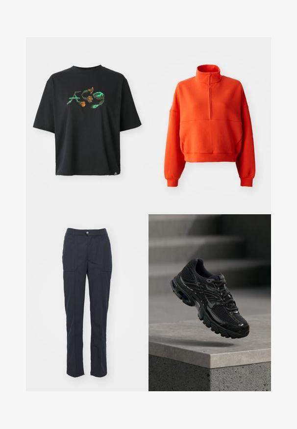 Erkki heledat oranž cropped sweatshirt, millel on mock neck ja pool tõmblukk, laiad varrukad ja tekstureeritud kangas mugavuse tagamiseks.; Must hõõgatud must puuvillane T-särk. Ees on värvikas graafiline disain rohelises ja oranžis. Lühikesed varrukad, ümmargune kaelus.; Tumed sinised püksid sirge lõikega, kahe esikoti, nööpide sulgemise ja siledast kangast tekstuuriga.; Must Nike jooksujalatsite võrkkangas ja sünteetilise pealiskihiga, hõljub betoonpinna ja tähtede kohal taustal.