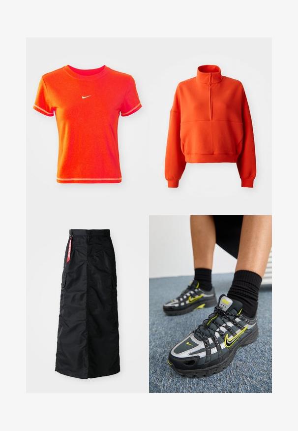 Lys orange cropped sweatshirt med høj hals og halv lynlås, featuring brede ærmer og et struktureret stof for komfort.; Rød cropped T-shirt lavet af bomuld, med en ribbet crew neck og korte ærmer. Viser et lille hvidt Nike-logo på fronten.; Sort lang nederdel med frontknap og lynlås, sidelommer, og et rødt "Remove Before Flight" stofmærke på taljen.; Sorte og grå atletiske sko med refleksive sølvdetaljer, teksturerede mesh-paneler og lysegule detaljer. Snørebåndsdesign med struktureret sål.