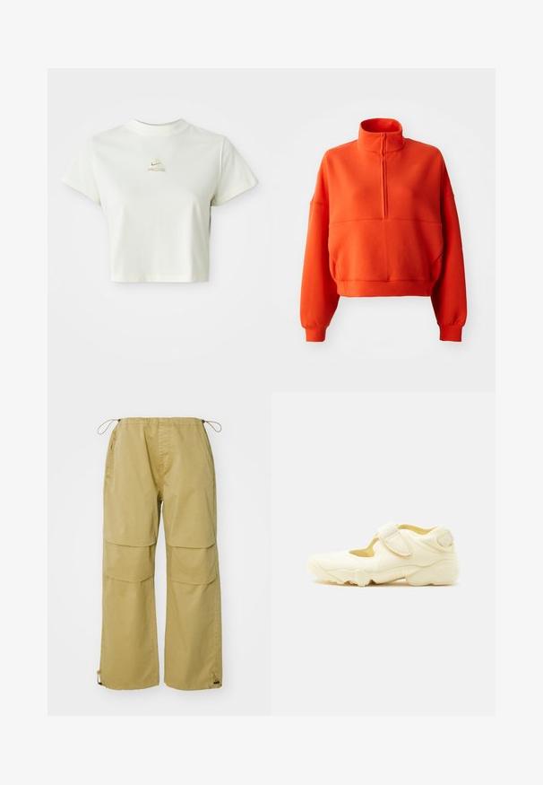 Erkki heledat oranž cropped sweatshirt, millel on mock neck ja pool tõmblukk, laiad varrukad ja tekstureeritud kangas mugavuse tagamiseks.; Lühike valge lühike t-särk, millel on väike beez Nike ACG logo keskelt kaeluse all.; Khaki värvi cargo püksid, laiad jalad, elastne vöökoht, eespool taskud ja reguleeritavad stringiga mansetid. Valmistatud kerge kangaga.; Beež sportjalanõu paksu tallaga, lõikekujundusega ja kahe reguleeritava takjakinnitusega valgel taustal.