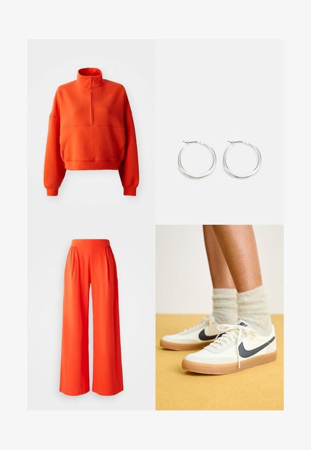 Lys orange cropped sweatshirt med høj hals og halv lynlås, featuring brede ærmer og et struktureret stof for komfort.; Vidde-bukser lavet af glat, livligt orange stof. Har en høj talje og folder for en afslappet pasform. Ren, uornamenteret design.; Hvide Nike sneakers med navy swoosh, tekstureret stof, hvide snørebånd og gummisål, parret med fluffy lysegrønne sokker. Gul baggrund.; Sølv hoops øreringe har et glat, afrundet design med en slank profil og sikker spænde. Minimalistisk stil med en poleret finish.