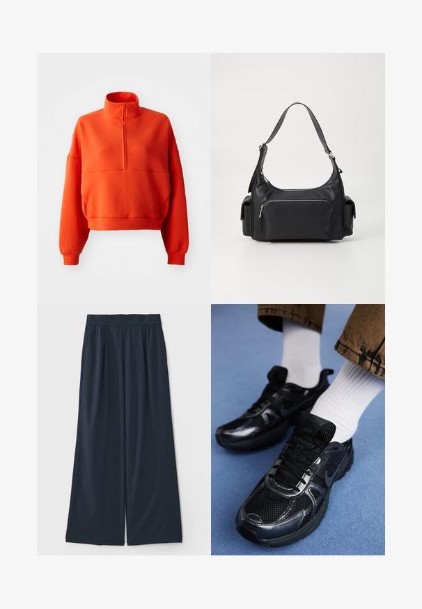 Lys orange cropped sweatshirt med høj hals og halv lynlås, featuring brede ærmer og et struktureret stof for komfort.; Mørkeblå, vide bukser i blødt stof; har en elastisk talje og to sidelommer for bekvemmelighed.; Sorte Nike-sneakers med mesh og syntetisk materiale, der har en struktureret overdel, sorte snørebånd og holdbare gummisåler. Hvide ribstrikkede sokker er synlige.; Sort læder skuldertaske med en rund form, lynlåslomme foran og to sidelommer. Har en enkelt justerbar skulderrem.