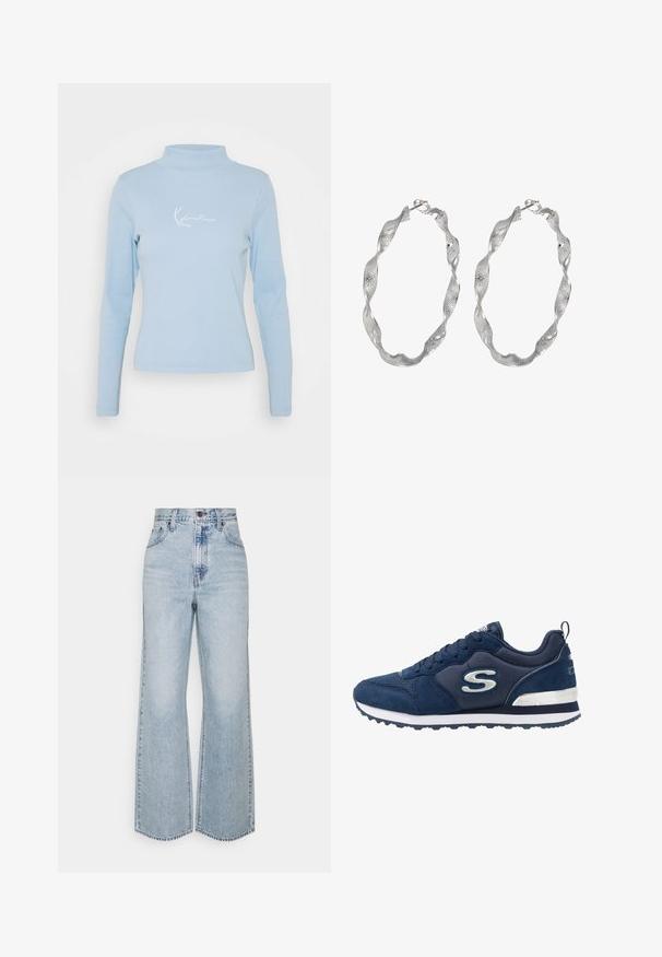 Haut à manches longues bleu clair en tissu côtelé, doté d'un col montant et de texte brodé blanc sur la poitrine.; Jean large en denim bleu clair avec taille haute, design classique à cinq poches et couture contrastante. Détail de ourlet brut en bas.; Baskets de sport bleu marine en matériaux en daim et en mesh, présentant un logo argenté proéminent, une tige texturée et une semelle intermédiaire blanche.; Boucles d'oreilles en argent en forme de créoles avec un design torsadé, présentant une surface texturée et un fermoir sécurisé. Légères et réfléchissantes avec une finition élégante.