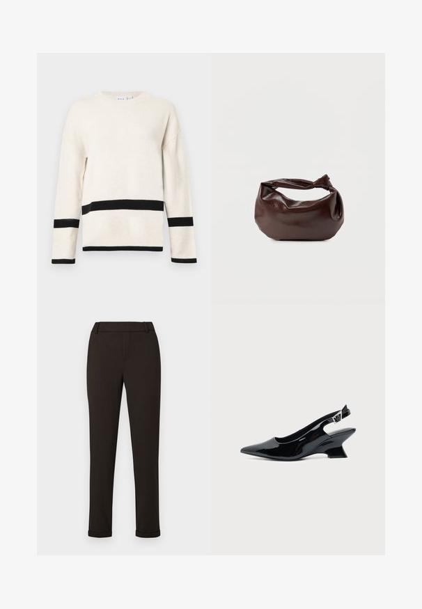Beige pullover lavet af blødt materiale, med lange ærmer, rund halsudskæring og sorte vandrette striber nær kanten og ærmerne.; Sorte slim-fit bukser med bæltestropper og manchetter mod en ensfarvet hvid baggrund.; Sort laklæder slingback sko med spids tå og lav vinklet blokhæl på ensartet lys baggrund.; Mørkebrun læder skuldertaske med en blød, afslappet form og et snoet knudehåndtag på en ensartet hvid baggrund.