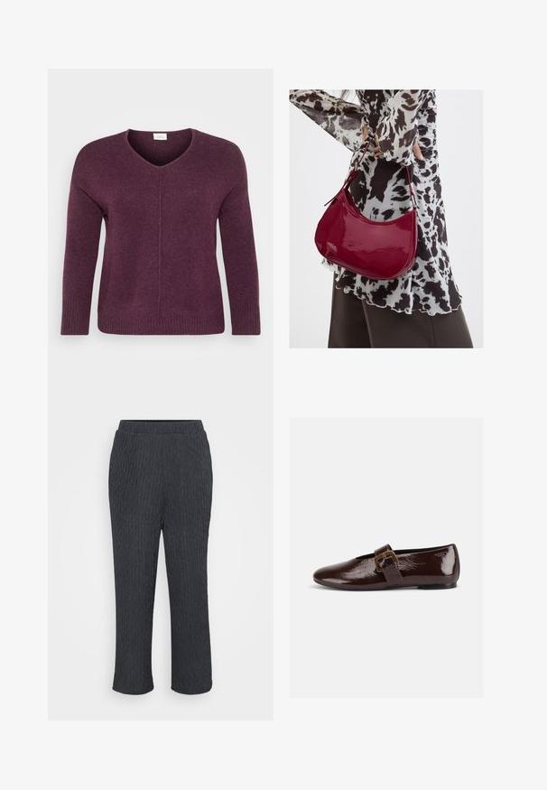 Pull-over à col en V de couleur violet profond, en matière tricot douce. Doté de manches longues et de bords côtelés pour plus de texture.; Pantalons gris foncé avec un design texturé et côtelé, dotés d'une taille élastique et de jambes fuselées. Fabriqués en matériau léger et doux.; Chaussure plate en cuir verni marron foncé avec une large bride à boucle dorée et un bout arrondi, présentée de profil sur fond blanc.; Femme portant un chemisier à motif noir et blanc tenant un sac à main rouge brillant sur un fond uni.