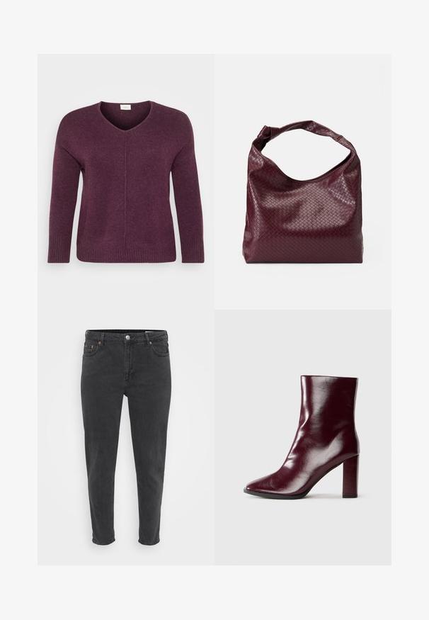 Pull-over à col en V de couleur violet profond, en matière tricot douce. Doté de manches longues et de bords côtelés pour plus de texture.; Jean en denim noir slim fit avec bouton et fermeture éclair à l'avant, passants de ceinture et cinq poches, présenté sur un fond clair et uni.; Botte en cuir bordeaux foncé brillant mi-mollet avec bout pointu et talon bloc haut sur fond neutre.; Sac bordeaux avec un motif tissé texturé, en cuir souple, doté d'une anse unique nouée. Conception spacieuse de style hobo.