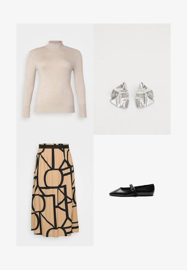 Beige højhalset sweater lavet af et blødt stof, med lange ærmer og ribbede manchetter. Glat tekstur uden mønstre eller udsmykninger.; En lang beige nederdel med et sort geometrisk mønster. Funktioner et elastisk taljebånd og en glat stoftekstur. Rundet søm i bunden.; Sorte flade sko lavet af læder med spidse tæer, justerbar rem med metalspænde, glat tekstur og minimalistisk design.; Sølvmetal øreringe med et bølgende, skulpturelt design, der har en poleret overflade og uregelmæssige former, hvilket fremhæver en moderne æstetik.