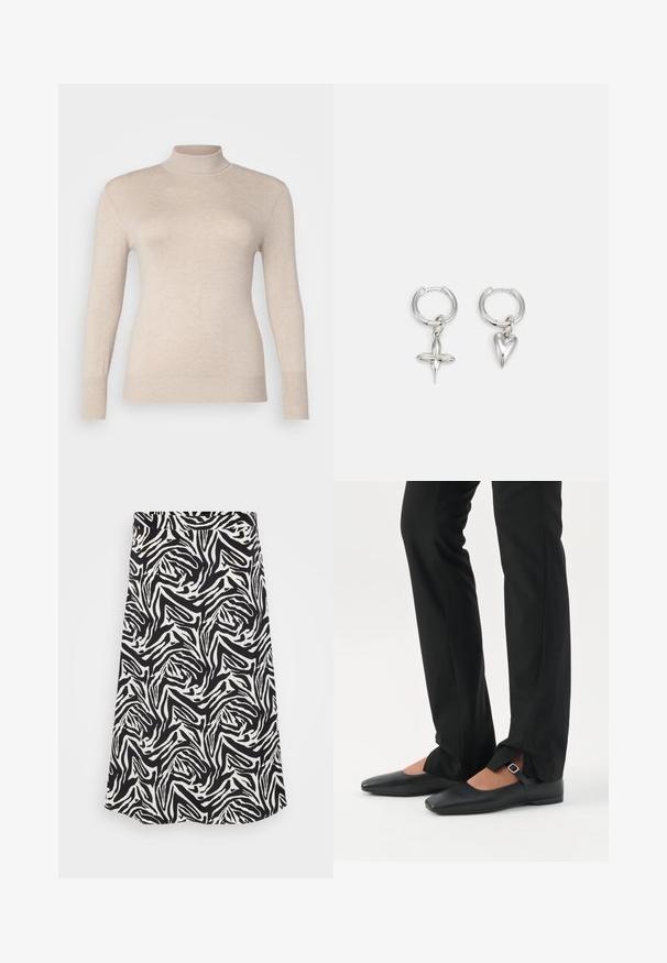 Beige højhalset sweater lavet af et blødt stof, med lange ærmer og ribbede manchetter. Glat tekstur uden mønstre eller udsmykninger.; Sorte og hvide nederdel med et snurrende zebra mønster, med en lige skæring og nederste kant. Fremstillet af et glat, letvægtigt stof.; Ben iført sorte smalle bukser med forreste slidser ved kanten, parret med sorte flade Mary Jane-sko med lille spænde.; Sølv hoop øreringe med et kors og hjerte charm. Glat, skinnende tekstur med en poleret finish. Hver charm hænger fra en sikker løkke.