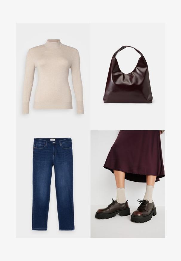 Beige højhalset sweater lavet af et blødt stof, med lange ærmer og ribbede manchetter. Glat tekstur uden mønstre eller udsmykninger.; Mørkeblå denim jeans med lige pasform, fem-lomme design, synlige sømme og en metalknaplukning i taljen.; Brune læder platform sko med tykke sorte såler, parret med ribbet beige strømper med bølgede kanter, mod en afdæmpet baggrund.; Bordeaux, skinnende vegansk læder tote taske med en blød, skulpturel form og et bredt, buet håndtag for nem bæring.