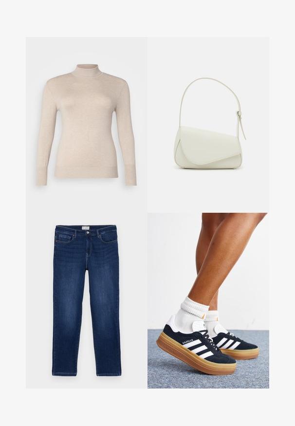 Beige højhalset sweater lavet af et blødt stof, med lange ærmer og ribbede manchetter. Glat tekstur uden mønstre eller udsmykninger.; Mørkeblå denim jeans med lige pasform, fem-lomme design, synlige sømme og en metalknaplukning i taljen.; Ben iført hvide sokker og sorte Adidas Gazelle sneakers med hvide striber og tykke brune såler på et gråt tæppe.; Hvid taske i faux læder med en struktureret trekantet form, enkelt justerbart skulderstrop og en flaplås med kurver.