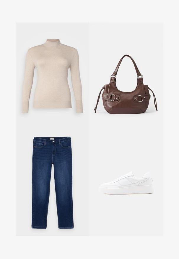 Beige højhalset sweater lavet af et blødt stof, med lange ærmer og ribbede manchetter. Glat tekstur uden mønstre eller udsmykninger.; Mørkeblå denim jeans med lige pasform, fem-lomme design, synlige sømme og en metalknaplukning i taljen.; Hvid lavtop-sneaker med tyk sål, snørelukning og diskrete syningsdetaljer på en ensfarvet lys baggrund.; Brun læderhåndtaske med rund form, sølvhardware, to sideskuldre og en glat tekstur. Har en enkelt toppen håndtag.