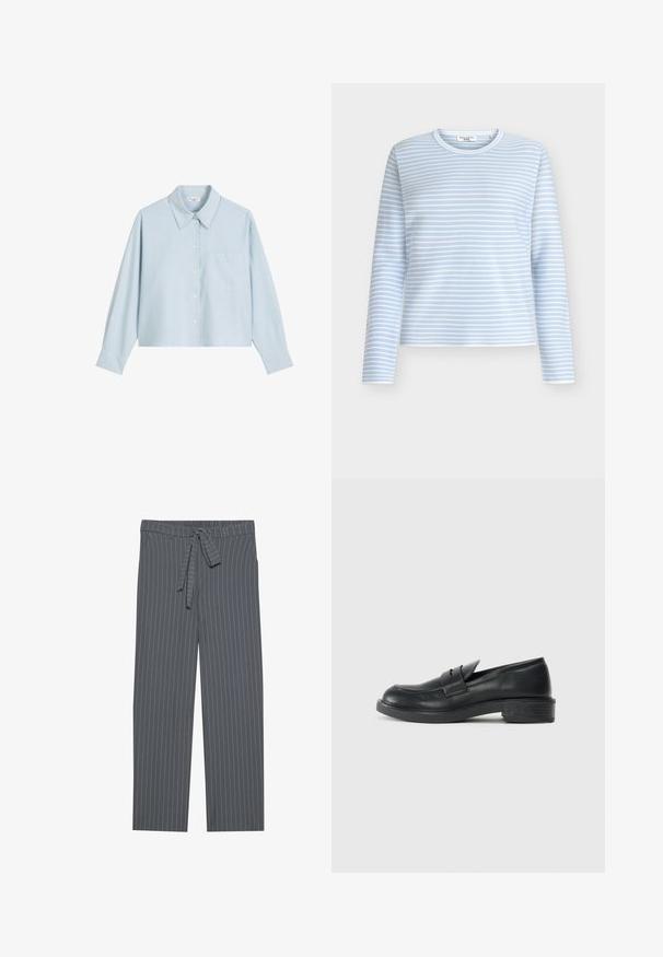 Chemise bleu clair à manches longues avec rayures horizontales blanches, col rond et texture douce. Conçue avec une coupe décontractée et des accents minimalistes.; Chemise bleue claire courte à boutons, manches longues, col classique, poche avant et texture de tissu lisse.; Pantalons gris à rayures verticales avec une ceinture élastique, un détail à nouer et une coupe ample. Réalisés dans un tissu lisse, ils présentent des rayures verticales.; Mocassins en cuir noir avec un bout arrondi, des détails cousus et un petit talon. Texture lisse et semelle en caoutchouc flexible.