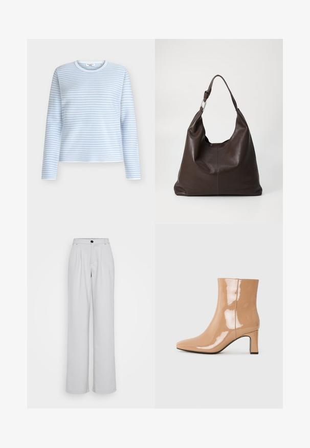 Lyseblå langærmet skjorte med hvide vandrette striber, rund halsudskæring og blødt materiale. Designet med en afslappet pasform og minimalistiske detaljer.; Lys grå vide bukser med frontfolder, en tætsiddende talje og en enkelt sort knaplukning. Lavet af glat, struktureret stof.; Nude patent ankelstøvler med spids tå, en skinnende overflade og en blokhæl i mellem højde. Glat tekstur og strømlinet silhuet.; Zign by Zalando LEATHER - Shopping bags - chocolate brown