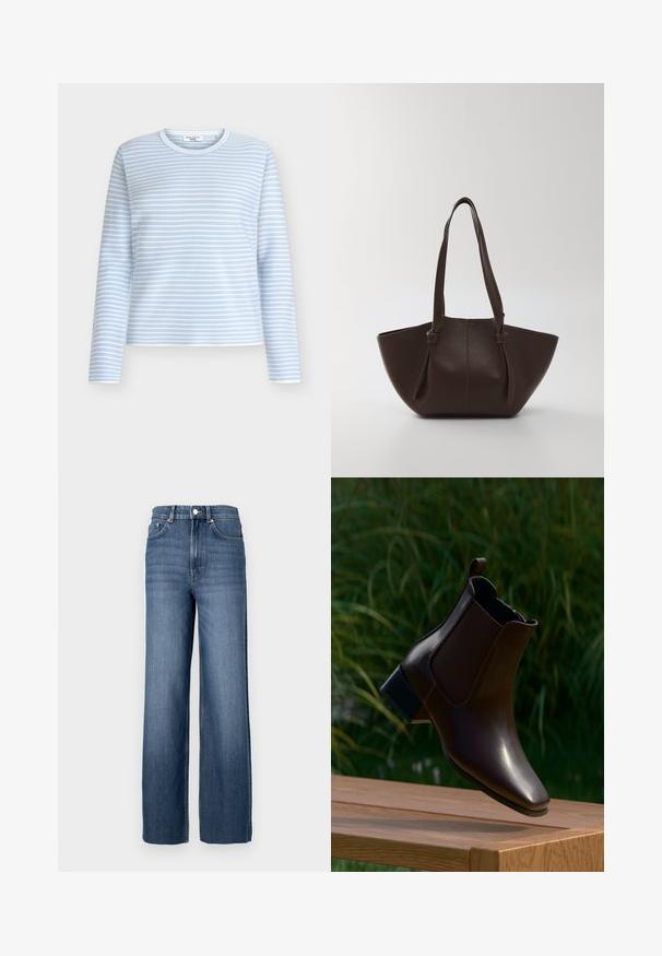 Lyseblå langærmet skjorte med hvide vandrette striber, rund halsudskæring og blødt materiale. Designet med en afslappet pasform og minimalistiske detaljer.; Blå denimjeans med høj talje og vidde ben. Har et klassisk fem-lomme design og metal knapdetaljer.; Mørkebrunt læderankelstøvle med lav hæl og trækkende hæfte, vist i luften over en træbænk med grønne planter i baggrunden.; Brun læder tote taske med en tekstureret overflade, bred åbning og dobbelt, runde skulderremme; minimalistisk design uden synligt hardware.