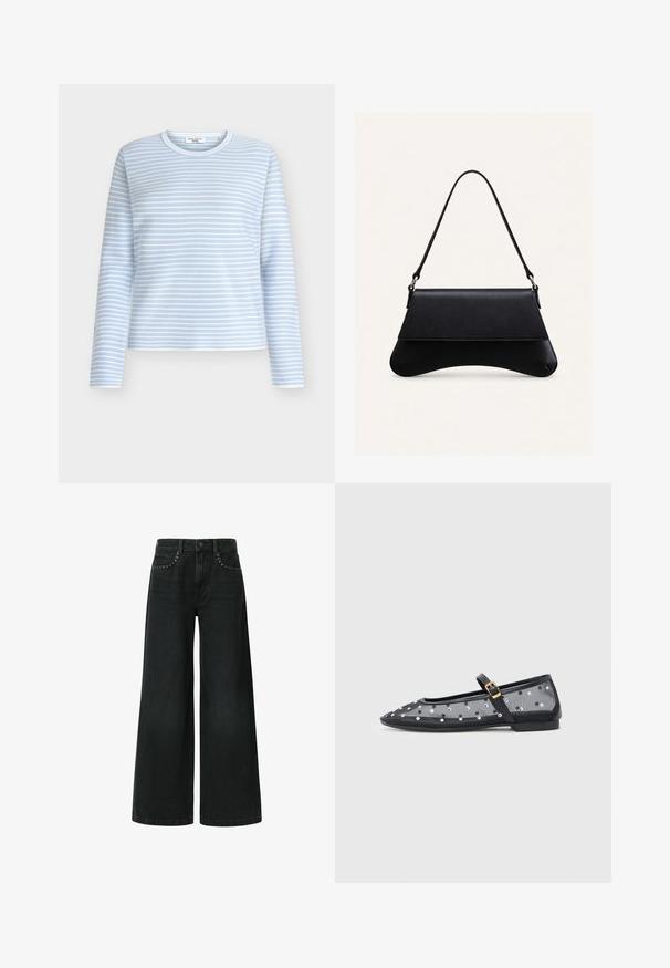 Lyseblå langærmet skjorte med hvide vandrette striber, rund halsudskæring og blødt materiale. Designet med en afslappet pasform og minimalistiske detaljer.; Bredde ben sorte jeans lavet af denim, med et klassisk fem-lomme design og dekorative nitter nær frontlommerne.; Sorte transparente ballet flats med spids tå, flad sål og spænde, pyntet med metalliske polkaprikker.; Sort læderhåndtaske med en buet bund, klaplukning og en enkelt tynd skulderrem mod en ensartet lys baggrund.