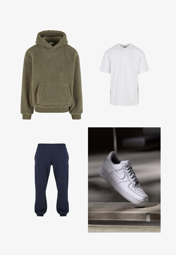 Sudadera con capucha de forro polar verde oliva, con una superficie texturizada y suave, mangas largas, un bolsillo frontal y capucha con cordón. Puños y dobladillo acanalados.; Camiseta blanca lisa de manga corta y cuello redondo con un ajuste relajado, mostrada sobre un fondo blanco.; Pantalones sudadera azul marino con cintura elástica y puños ajustados, confeccionados en tela suave, sin patrones ni herrajes visibles.; Zapatilla Nike Air Force 1 de cuero blanco que presenta una puntera perforada, cordones planos y una suela de goma texturizada con la marca "AIR" en el lateral.