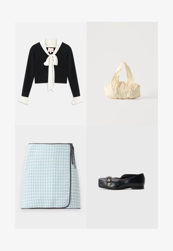 Sort langærmet cropped sweater med vedhæftet hvid krave, front sløjfe og hvide flæseærmer.; Wrap nederdel i lyseblå og hvid ternet mønster, med en blød tekstur og kontrasterende mørk kant. Bånd på siden til lukning.; Sort lærfladssko med firkantet tå, elastisk rem og metallisk pynt foran, med glat tekstur og minimal hæl.; Håndtaske i cremefarvet tekstureret stof med top-håndtag og en lille bundet sløjfe-detalje midt foran.