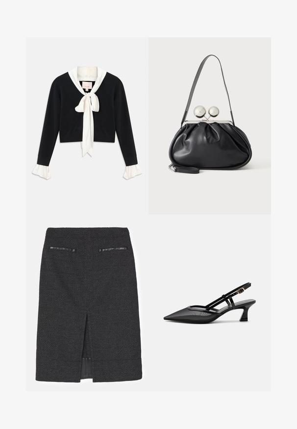 Sort langærmet cropped sweater med vedhæftet hvid krave, front sløjfe og hvide flæseærmer.; Sort blyantskørt med en tekstureret vævning, der har to falske lommer og en bagtil vent for bevægelighed. Glat indre foring.; Sort spids tå slingback-sko med mesh-øverdel, tynde stropper, guldlås og lav buet hæl på hvid baggrund.; Sort læderhåndtaske med opsamlet design, en enkelt rem, sølv metalramme og to store runde sølv lukninger.
