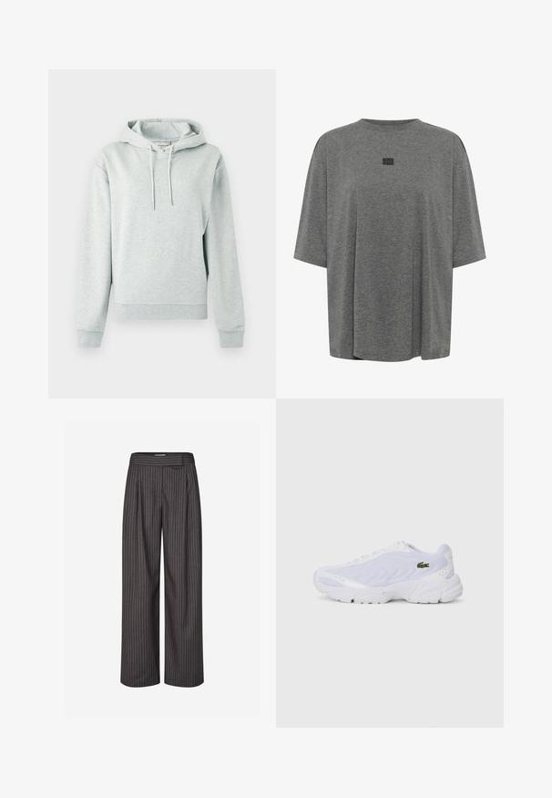 Grauer Hoodie aus weichem Stoff, mit Kängurutasche, verstellbarer Kapuze mit Kordelzug und gerippten Bündchen. Dezentes Logo auf der Brust.; Graues, übergroßes T-Shirt aus weichem Material. Es hat einen runden Ausschnitt, kurze Ärmel und ein dezentes Logo in der Mitte.; Hose mit weitem Bein aus dunkelgrauem Stoff mit weißen Nadelstreifen. Verfügt über eine hohe Taille und ein vorne plissiertes Design für einen maßgeschneiderten Look.; Weiße Sportschuhe mit Netzobermaterial, strukturiertem Design und gepolstertem Kragen. Merkmale sind ein grünes Logo an der Seite und eine gepolsterte Sohle für Komfort.