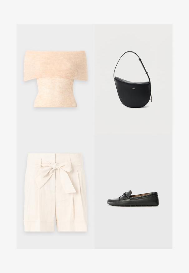 Haut en tricot à épaules dénudées couleur pêche claire avec texture côtelée et coupe ajustée, présentant une variation subtile de couleur sur l'ensemble.; Shorts beiges taille haute avec une ceinture nouée, design plissé et revers dans un tissu léger.; Bateau en cuir noir avec un bout arrondi, des détails de couture, un petit accent en nœud et une semelle en caoutchouc. Texture lisse et design épuré.; Sac à bandoulière en cuir noir en forme de demi-lune avec une bandoulière réglable et le logo doré « BOSS » centré sur le devant.