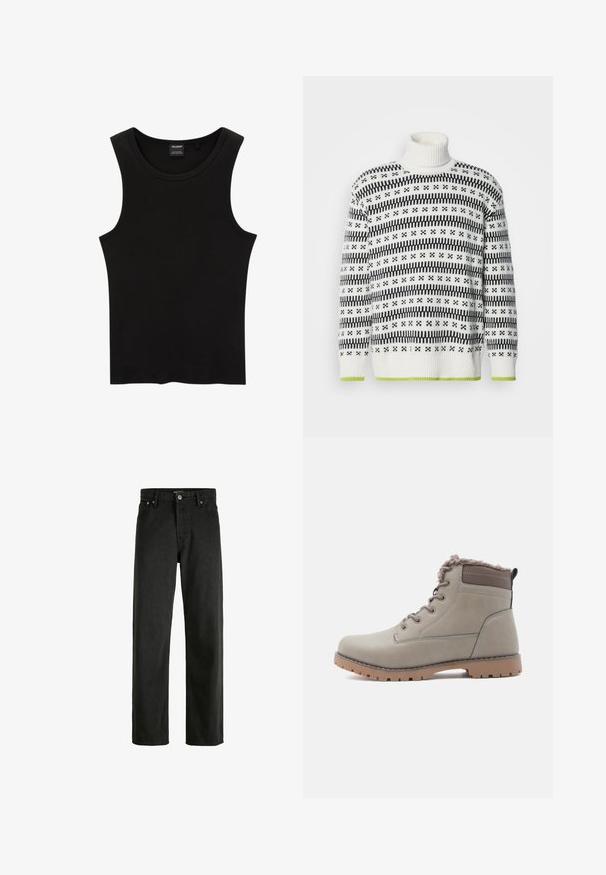 Strikkrave sweater i hvid med sorte geometriske mønstre og en grøn kant. Struktureret stof, afslappet pasform og ribbede manchetter.; Sort ribbet tanktop med rund halsudskæring og brede ærmegab, lavet af en blød, strækbar stof. Mærke: Pull&Bear.; Sorte straight-leg jeans med knap- og lynlås-lukning, bæltestropper og foran og bagpå lommer.; Grå ankelstøvle med en blød, tekstureret krave, snørelukning, gummisål og kontrasterende brune detaljer på overdelen og hælen.