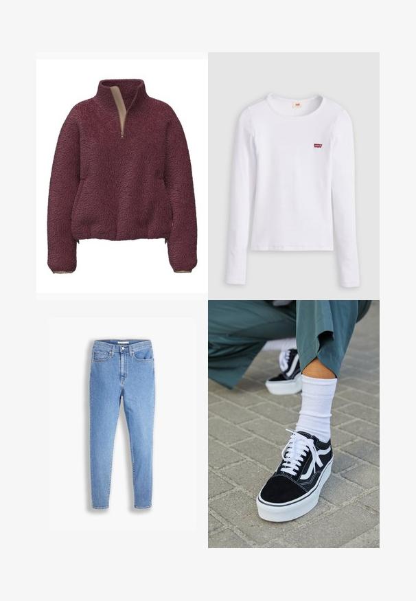 Bourgondische fleece trui met een hoge kraag, halve ritssluiting aan de voorkant en elastische manchetten. Zachte textuur en een ontspannen pasvorm met zijzakken.; Wit Levi's shirt met lange mouwen, ronde hals en klein rood Levi's-logo op de linkerborst, afgebeeld op een effen achtergrond.; Lichtblauwe hoge taille slim-fit jeans met voor- en achterzakken, knoopsluiting en riemlussen op een witte achtergrond.; Zwarte suède sneaker met witte accenten en veters, uitgerust met een dikke witte zool en contrasterende stiksels, gecombineerd met een witte sok.
