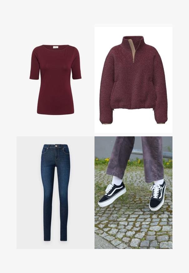 Pull-over en polaire bordeaux avec un col montant, une fermeture à glissière partielle sur le devant et des poignets élastiques. Texture douce et coupe décontractée avec poches latérales.; Kaffe KAYOKO BOATNECK - T-shirt basique - zinfandel; Jean skinny en denim bleu foncé, avec un design classique à cinq poches, des passants de ceinture et un bouton en métal à la taille.; Baskets en suède noir avec des accents blancs, présentant un bout rond, une semelle blanche épaisse et un design classique à lacets, portées avec des chaussettes blanches et un pantalon violet.