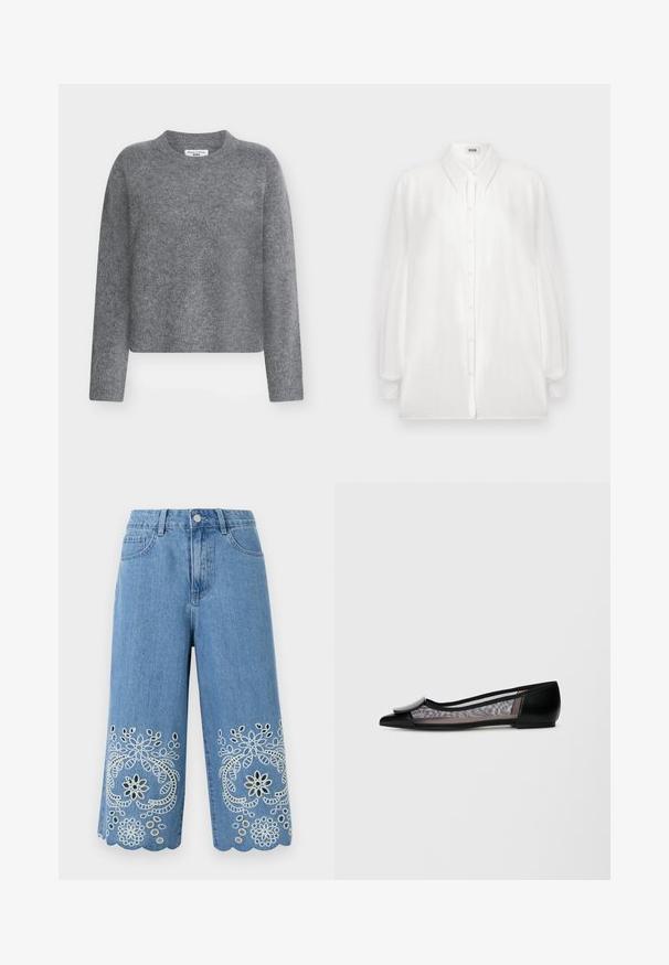 Pull en maille gris avec un col rond, des manches longues et une coupe courte. Texture douce et léger éclat subtil. Étiquette visible à l'intérieur.; Chemise blanche à boutons, en tissu léger, avec des manches longues, un col classique et une coupe légèrement ample.; Shorts en denim bleu clair avec broderie florale ajourée et ourlets festonnés, dotés de poches avant et d'une fermeture à bouton.; Chaussure noire plate avec un bout pointu, dotée d'un dessus en mailles, d'un accent arrondi à l'avant et d'un talon bas.