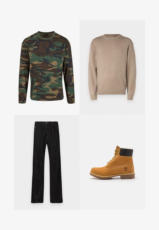 Beige strikket sweater med rund hals, lange ærmer og ribbede manchetter og kant; glat tekstur med et ensartet mønster.; Langærmet camouflageskjorte i jordfarver; har grønne, brune og sorte mønstre; rund hals; blødt stof; afslappet pasform.; Sorte kordfløjlsbukser med et lige ben-design, der har lukning med knapper, diskret branding og to forlommer. Glat tekstur og ensfarvet.; Brune læder ankelstøvle med metaløjer, hvid pelsforing, sort polstret krave, robust sål og præget logo på siden.