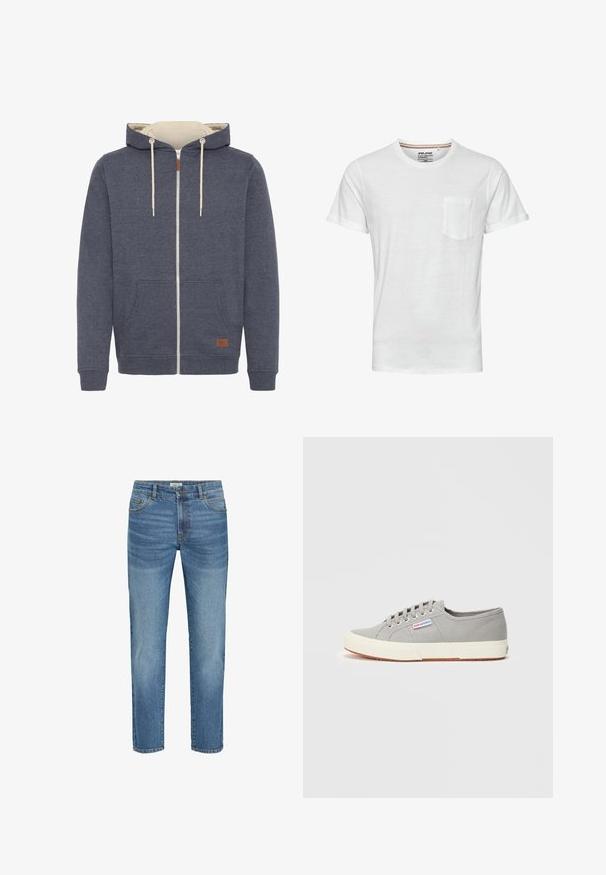 Haut à capuche zippé en tissu bleu foncé avec un intérieur crème. Présente une poche avant, des cordons beiges et un patch logo en cuir brun.; T-shirt blanc uni à manches courtes avec une petite poche poitrine sur le côté gauche et un col rond.; Jean en denim bleu clair avec un design classique à jambe droite, comportant cinq poches, une fermeture à bouton en métal et un léger décoloration sur le tissu.; Baskets basses en toile gris clair avec semelle et lacets en caoutchouc blanc, avec une petite étiquette latérale portant le nom de la marque « Superga ».