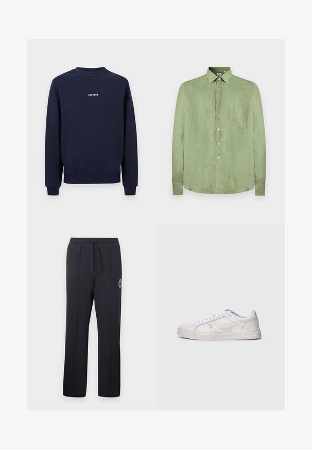 Sweat-shirt bleu marine à col rond avec poignets et ourlet côtelés, présentant un petit texte blanc centré "LES DEUX" sur la poitrine.; Chemise en lin vert clair à manches longues, avec col, boutons blancs sur le devant et une poche poitrine sur le côté gauche.; Pantalon de survêtement noir en tissu doux, avec une taille à cordon, des plis latéraux et un logo circulaire sur la cuisse gauche.; Baskets blanches basses à lacets, avec des détails cousus et le logo "BOSS" sur le côté et la semelle, vues de côté extérieur.