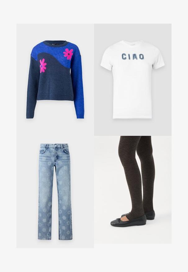 Blauwe gebreide trui met een marinegolfpatroon en roze bloemenpatronen. Heeft een ronde halslijn en geribde manchetten en onderkant.; Witte katoenen t-shirt met een blauwe verouderde "CIAO" tekst op de borst. Korte mouwen en een ronde hals.; Lichtblauwe denim jeans met een licht vervaagde afwerking, voorzien van een bloemenpatroon, vijf zakken en een recht gesneden pijp.; Benen met donkere geribbelde leggings gecombineerd met zwarte ballerina's met kleine strikdetails op een witte achtergrond.