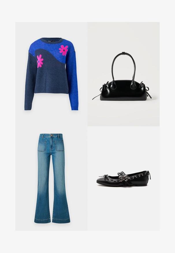 Blauwe gebreide trui met een marinegolfpatroon en roze bloemenpatronen. Heeft een ronde halslijn en geribde manchetten en onderkant.; Blauwe high-waisted denimjeans met voorzakken en uitlopende pijpen, voorzien van een knoop- en ritssluiting.; Zwarte platte balletschoen met dubbele gespsluitingen, zilveren oogjes en een klein strikje nabij de afgeronde neus op een witte achtergrond.; Kleine zwarte glanzende handtas met twee lange hengsels en zijkant trekkoord details op een effen lichte achtergrond.