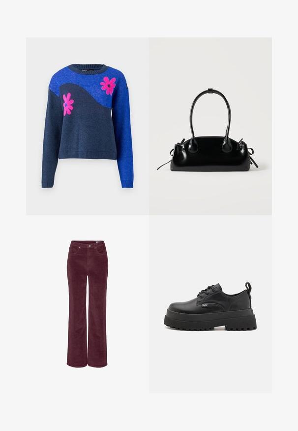 Suéter de punto azul con un diseño de olas en azul marino y patrones de flores rosas. Presenta un escote redondo y puños y dobladillo acanalados.; Pantalones de pana con diseño de pierna ancha, en un color burdeos intenso. Presentan bolsillos delanteros y trabillas para cinturón, con un acabado de tela texturizada.; Buffalo PLUTO LACE UP - Zapatos de vestir - black; Pequeño bolso negro brillante con dos asas largas y detalles de cordón lateral sobre un fondo claro liso.