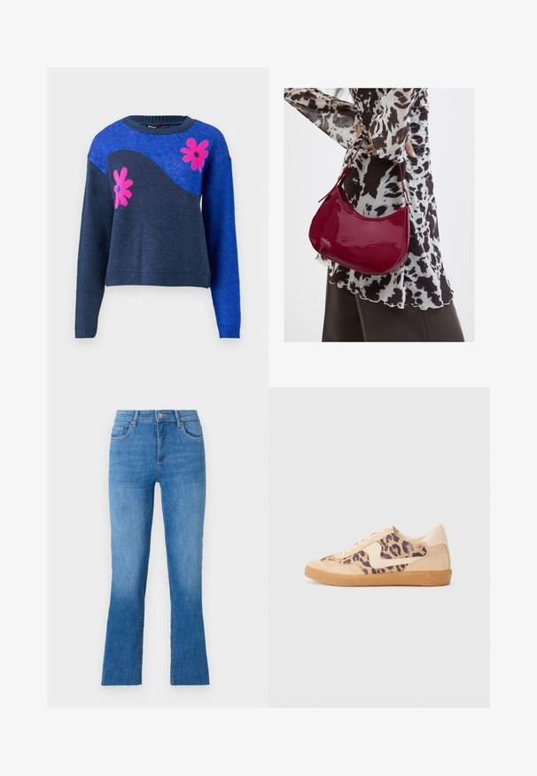 Blauwe gebreide trui met een marinegolfpatroon en roze bloemenpatronen. Heeft een ronde halslijn en geribde manchetten en onderkant.; Blauwe denim spijkerbroek met een uitlopende pijp, voorzien van een middelhoge taille, vijf zakken en een klassieke zilveren knoopsluiting. Gladde textuur.; Luipaardprint sneakers met een beige suède bovenkant, tan rubberen zool en witte accenten. Ronde neus en vetersluiting met een gestructureerde afwerking.; Vrouw met een zwart-wit gebloemde blouse houdt een glanzende rode schoudertas vast tegen een effen achtergrond.