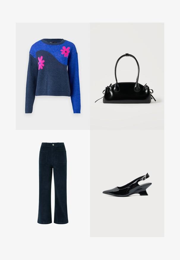 Blauwe gebreide trui met een marinegolfpatroon en roze bloemenpatronen. Heeft een ronde halslijn en geribde manchetten en onderkant.; Navyblauwe corduroy broek met hoge taille, wijde pijpen, twee achterzakken en een sluiting met knoop aan de voorkant. Zachte textuur met een gladde afwerking.; Zwarte lakleren slingback schoen met spitse neus en lage schuine blokhak op een effen lichte achtergrond.; Kleine zwarte glanzende handtas met twee lange hengsels en zijkant trekkoord details op een effen lichte achtergrond.